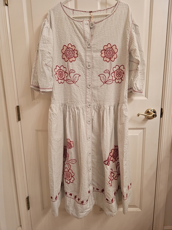Free People Dresses & Skirts - Free People White Striped Dress with Red Floral Embroidery